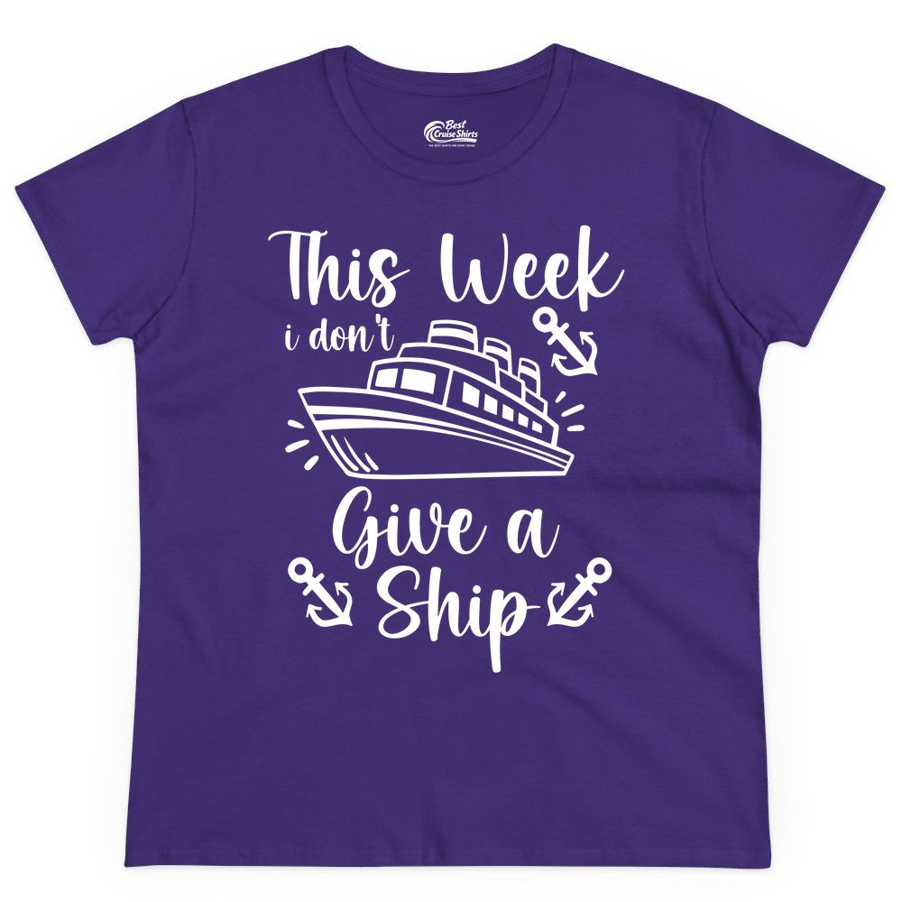 Funny Cruise Shirt - Nautical Pun Cruise Humor Apparel for Adults (Ladies Tee) in Purple - This Week I Don’t Give a Ship - Funny Cruise Shirt With Anchors