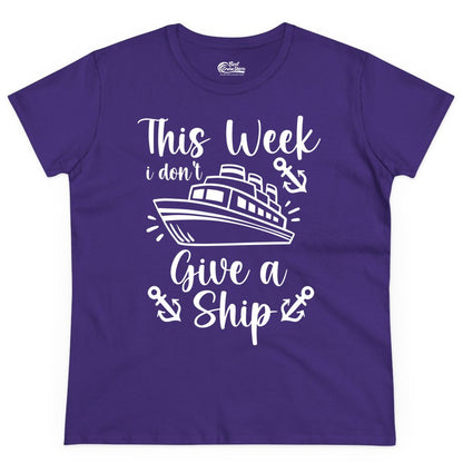 Funny Cruise Shirt - Nautical Pun Cruise Humor Apparel for Adults (Ladies Tee) in Purple - This Week I Don’t Give a Ship - Funny Cruise Shirt With Anchors