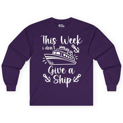 Funny Cruise Shirt - Nautical Pun Cruise Humor Apparel for Adults (Long Sleeve) in Purple - This Week I Don’t Give a Ship - Funny Cruise Shirt With Anchors