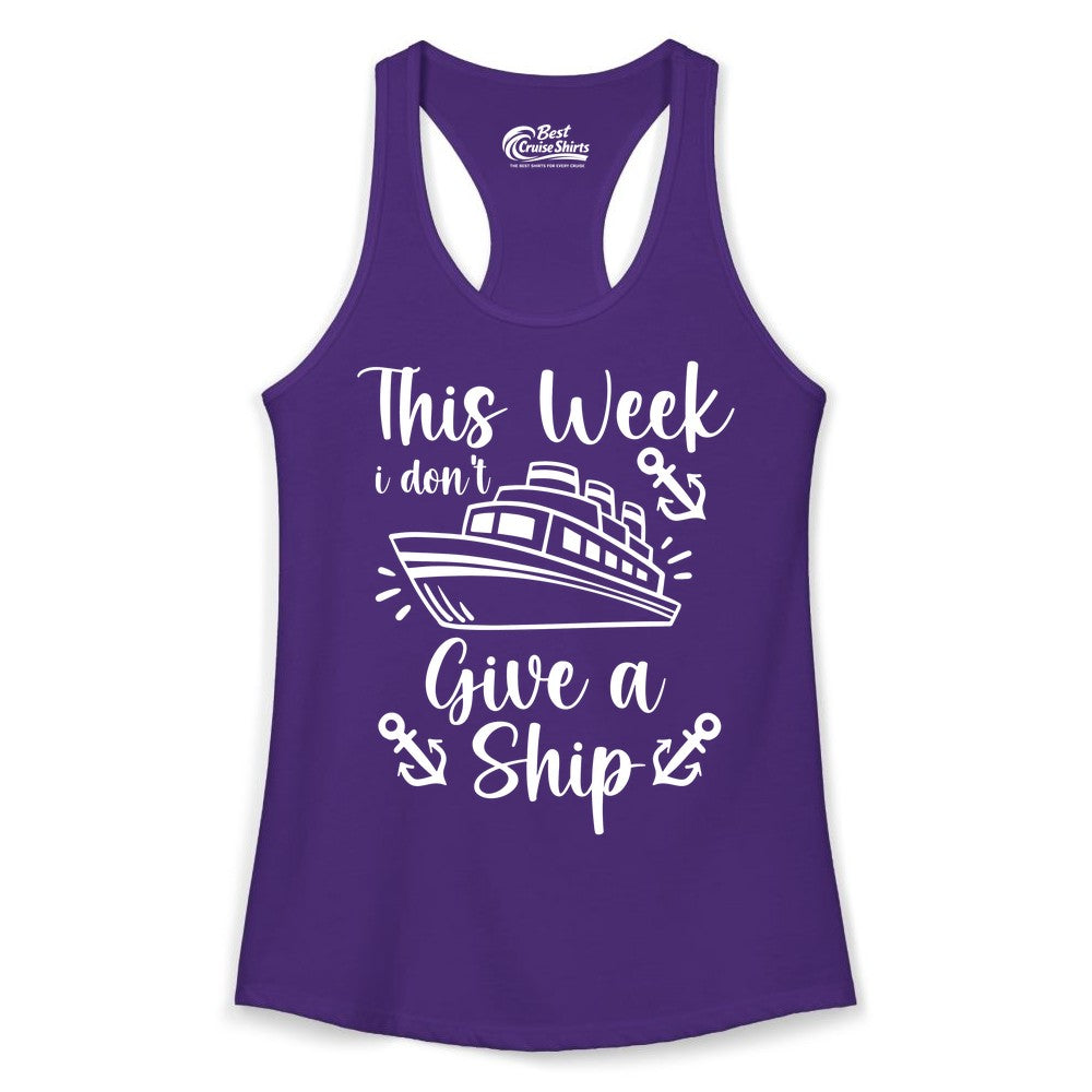 Funny Cruise Shirt - Nautical Pun Cruise Humor Apparel for Adults (Ladies Tank) in Solid Purple Rush - This Week I Don’t Give a Ship - Funny Cruise Shirt With Anchors