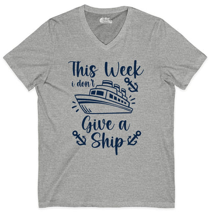 Funny Cruise Shirt - Nautical Pun Cruise Humor Apparel for Adults (V-Neck) in Athletic Heather - This Week I Don’t Give a Ship - Funny Cruise Shirt With Anchors