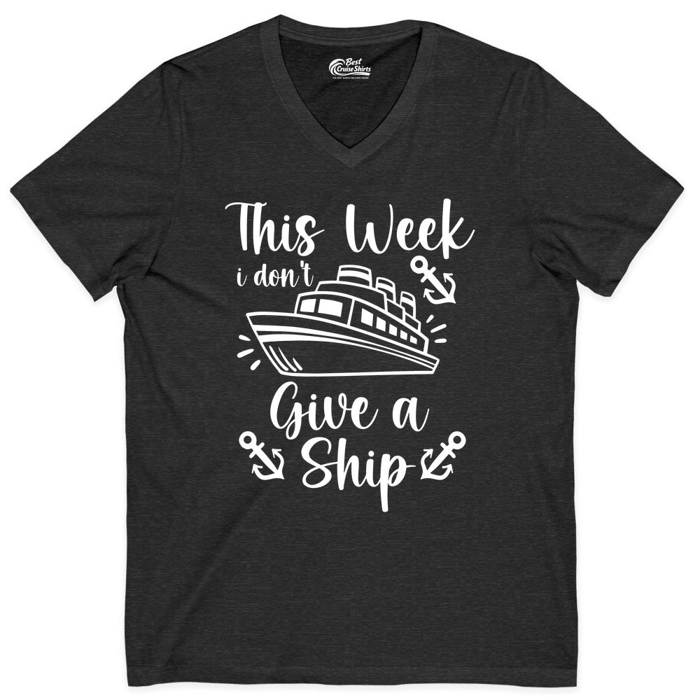 Funny Cruise Shirt - Nautical Pun Cruise Humor Apparel for Adults (V-Neck) in Dark Grey Heather - This Week I Don’t Give a Ship - Funny Cruise Shirt With Anchors