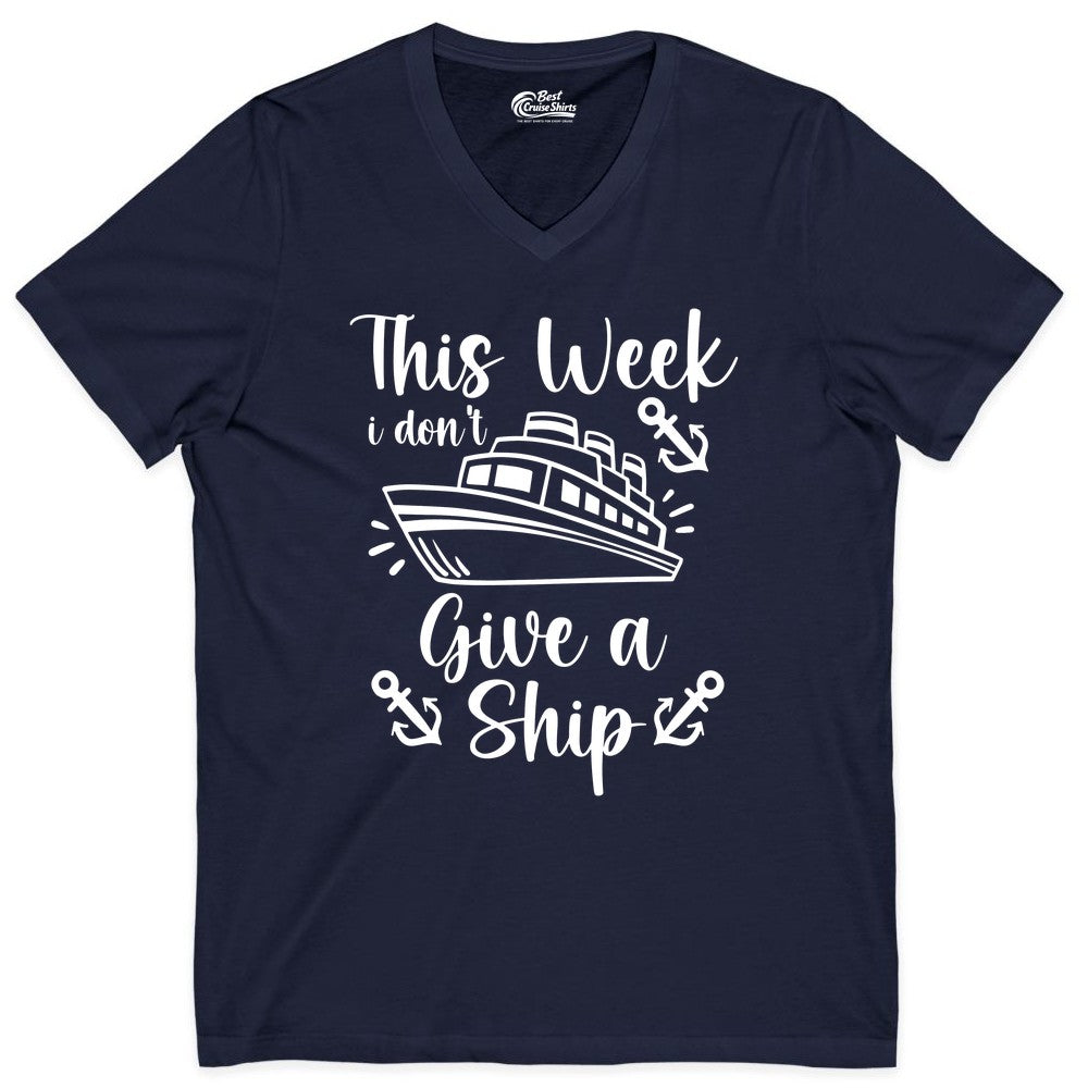 Funny Cruise Shirt - Nautical Pun Cruise Humor Apparel for Adults (V-Neck) in Navy - This Week I Don’t Give a Ship - Funny Cruise Shirt With Anchors
