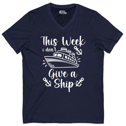 Funny Cruise Shirt - Nautical Pun Cruise Humor Apparel for Adults (V-Neck) in Navy - This Week I Don’t Give a Ship - Funny Cruise Shirt With Anchors
