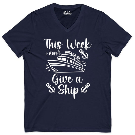 Funny Cruise Shirt - Nautical Pun Cruise Humor Apparel for Adults (V-Neck) in Navy - This Week I Don’t Give a Ship - Funny Cruise Shirt With Anchors