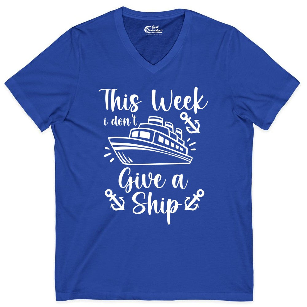 Funny Cruise Shirt - Nautical Pun Cruise Humor Apparel for Adults (V-Neck) in True Royal - This Week I Don’t Give a Ship - Funny Cruise Shirt With Anchors
