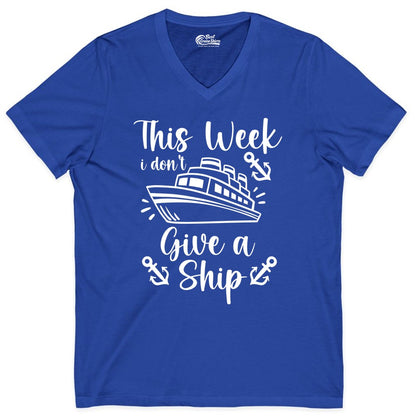 Funny Cruise Shirt - Nautical Pun Cruise Humor Apparel for Adults (V-Neck) in True Royal - This Week I Don’t Give a Ship - Funny Cruise Shirt With Anchors