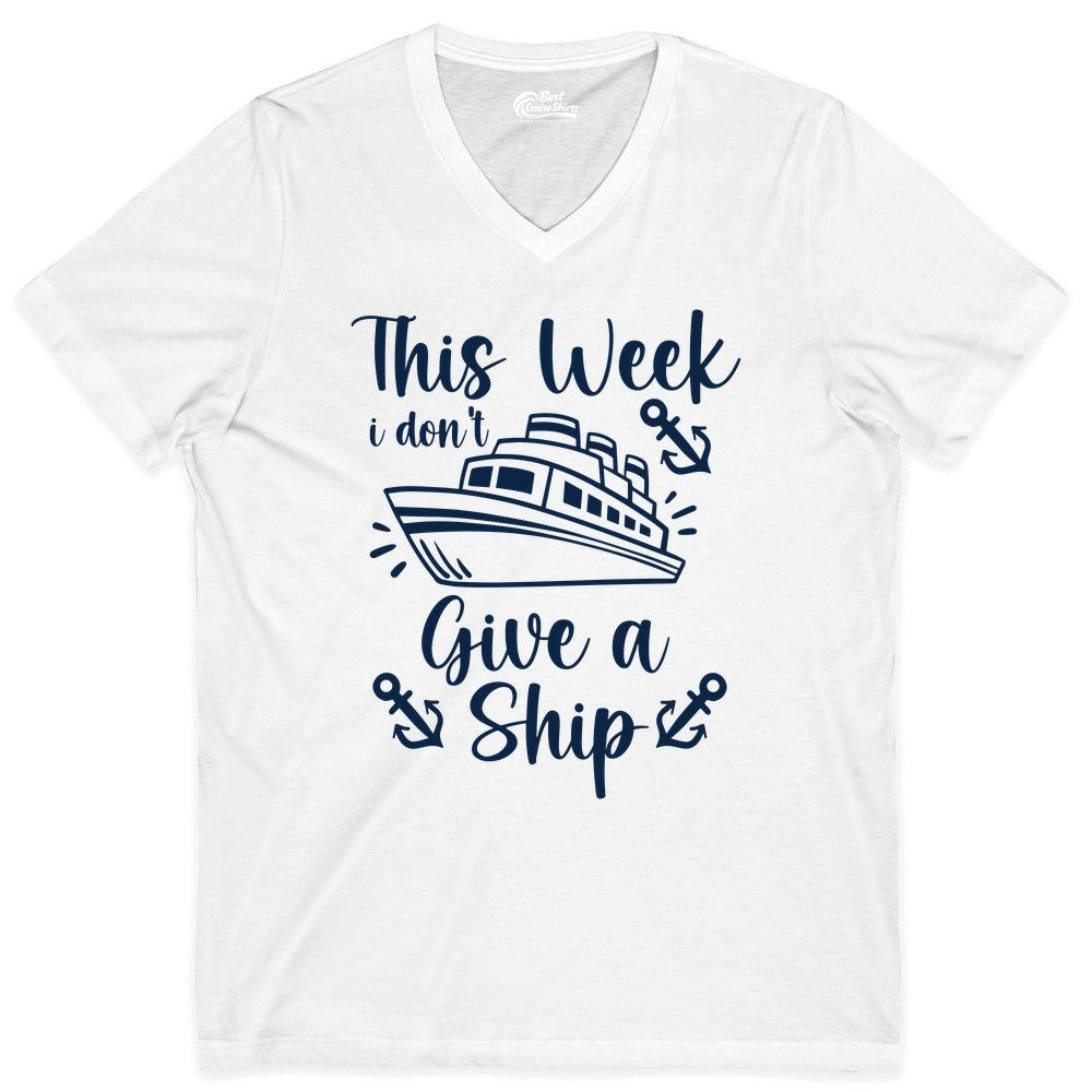 Funny Cruise Shirt - Nautical Pun Cruise Humor Apparel for Adults (V-Neck) in White - This Week I Don’t Give a Ship - Funny Cruise Shirt With Anchors