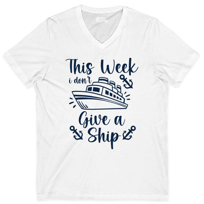 Funny Cruise Shirt - Nautical Pun Cruise Humor Apparel for Adults (V-Neck) in White - This Week I Don’t Give a Ship - Funny Cruise Shirt With Anchors