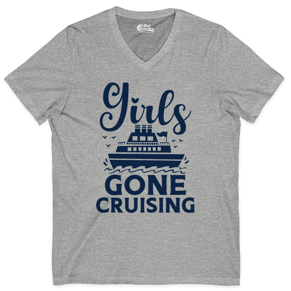 Girls Gone Cruising Shirt - Fun Cruise Squad Apparel for Girls Trips (V-Neck) in Athletic Heather - Girls Gone Cruising Nautical Party Group Cruise Shirt