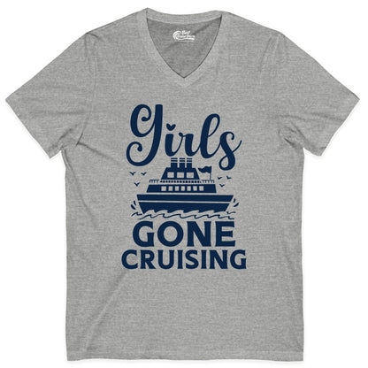 Girls Gone Cruising Shirt - Fun Cruise Squad Apparel for Girls Trips (V-Neck) in Athletic Heather - Girls Gone Cruising Nautical Party Group Cruise Shirt