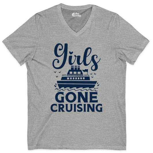 Girls Gone Cruising Shirt - Fun Cruise Squad Apparel for Girls Trips (V-Neck) in Athletic Heather - Girls Gone Cruising Nautical Party Group Cruise Shirt
