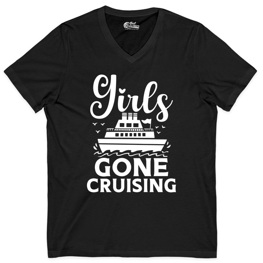 Girls Gone Cruising Shirt - Fun Cruise Squad Apparel for Girls Trips (V-Neck) in Black - Girls Gone Cruising Nautical Party Group Cruise Shirt