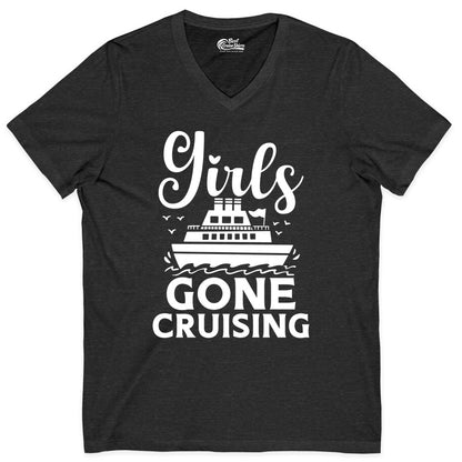 Girls Gone Cruising Shirt - Fun Cruise Squad Apparel for Girls Trips (V-Neck) in Dark Grey Heather - Girls Gone Cruising Nautical Party Group Cruise Shirt