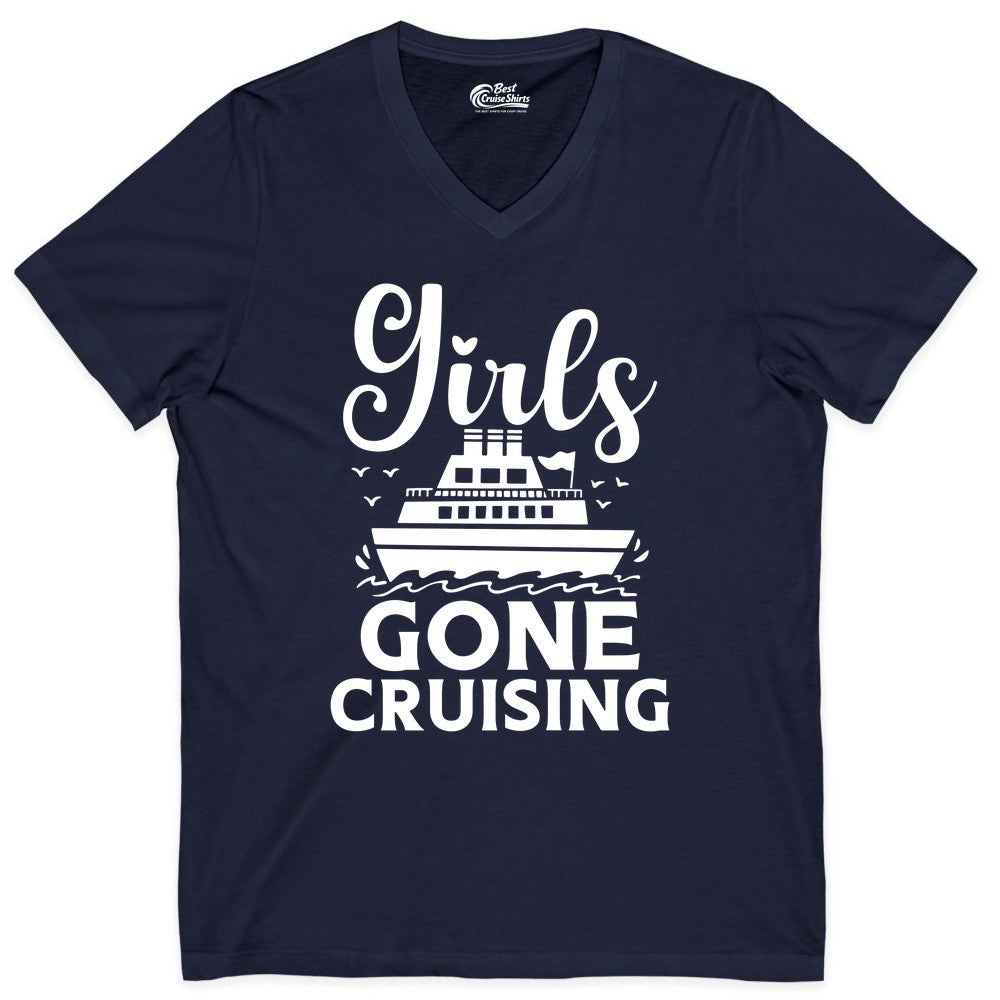 Girls Gone Cruising Shirt - Fun Cruise Squad Apparel for Girls Trips (V-Neck) in Navy - Girls Gone Cruising Nautical Party Group Cruise Shirt