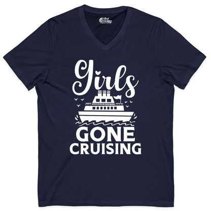Girls Gone Cruising Shirt - Fun Cruise Squad Apparel for Girls Trips (V-Neck) in Navy - Girls Gone Cruising Nautical Party Group Cruise Shirt