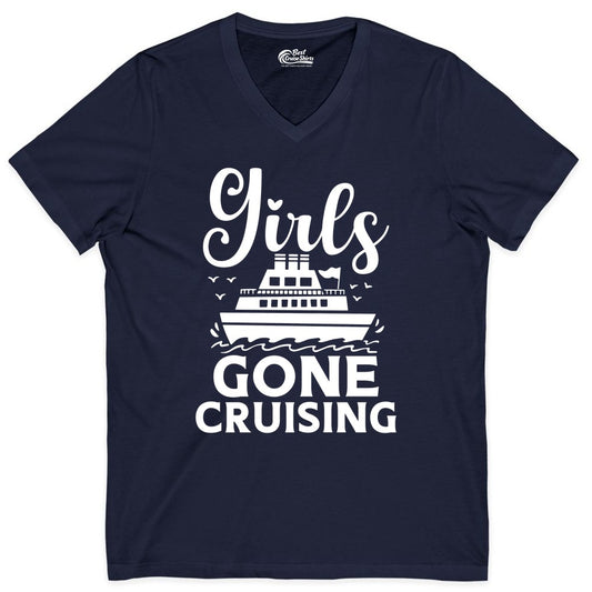 Girls Gone Cruising Shirt - Fun Cruise Squad Apparel for Girls Trips (V-Neck) in Navy - Girls Gone Cruising Nautical Party Group Cruise Shirt