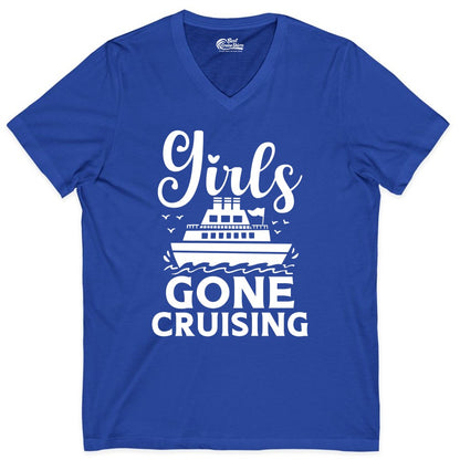 Girls Gone Cruising Shirt - Fun Cruise Squad Apparel for Girls Trips (V-Neck) in True Royal - Girls Gone Cruising Nautical Party Group Cruise Shirt