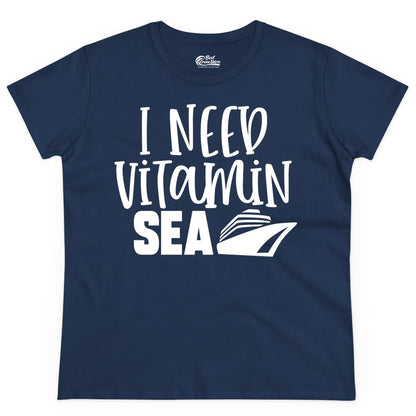 Vitamin Sea Cruise Shirt - Funny Cruise Vacation Apparel for Travelers (Ladies Tee) in Navy - I Need Vitamin Sea Cruise Ship Funny Nautical Vacation Shirt