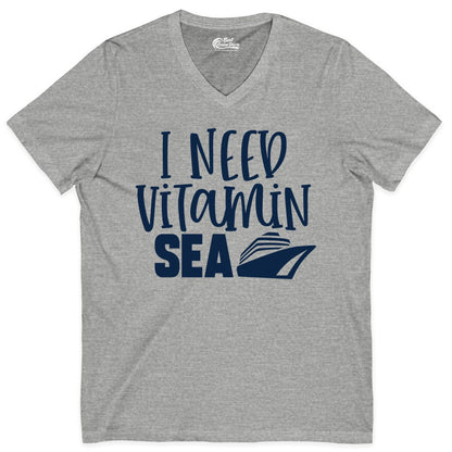 Vitamin Sea Cruise Shirt - Funny Cruise Vacation Apparel for Travelers (V-Neck) in Athletic Heather - I Need Vitamin Sea Cruise Ship Funny Nautical Vacation Shirt