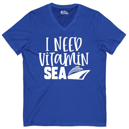 Vitamin Sea Cruise Shirt - Funny Cruise Vacation Apparel for Travelers (V-Neck) in True Royal - I Need Vitamin Sea Cruise Ship Funny Nautical Vacation Shirt