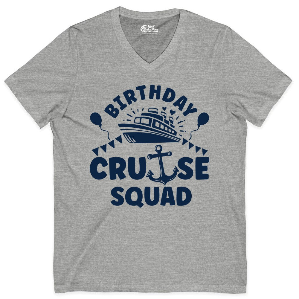 Birthday Cruise Squad Shirt - Fun Nautical Group Celebration Tee (V-Neck) in Athletic Heather - Birthday Cruise Squad Shirt - Nautical Party Celebration Tee Design