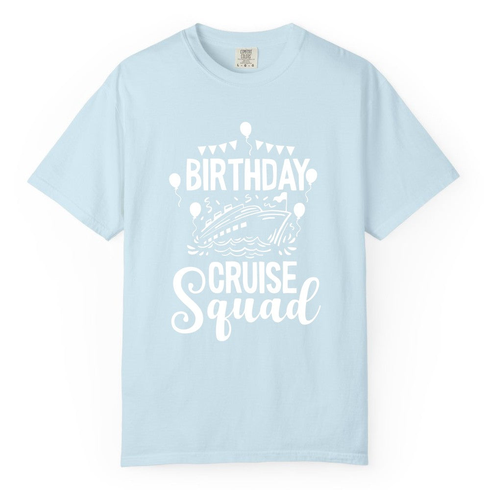 Birthday Cruise Shirt for Groups - Fun Cruise Squad Celebration Tee (Comfort Color) in Chambray - Birthday Cruise Squad Shirt - Fun Balloons and Banner Group Design
