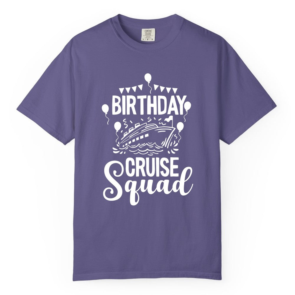 Birthday Cruise Shirt for Groups - Fun Cruise Squad Celebration Tee (Comfort Color) in Grape - Birthday Cruise Squad Shirt - Fun Balloons and Banner Group Design