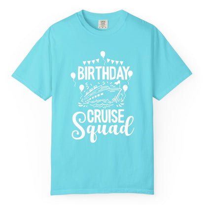 Birthday Cruise Shirt for Groups - Fun Cruise Squad Celebration Tee (Comfort Color) in Lagoon Blue - Birthday Cruise Squad Shirt - Fun Balloons and Banner Group Design