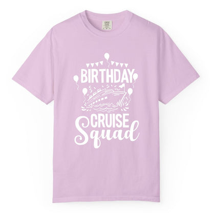 Birthday Cruise Shirt for Groups - Fun Cruise Squad Celebration Tee (Comfort Color) in Orchid - Birthday Cruise Squad Shirt - Fun Balloons and Banner Group Design