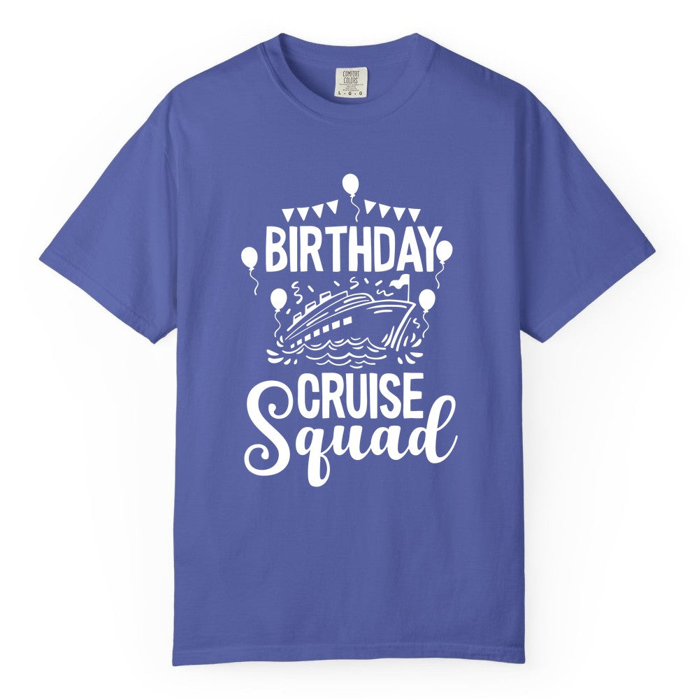 Birthday Cruise Shirt for Groups - Fun Cruise Squad Celebration Tee (Comfort Color) in Periwinkle - Birthday Cruise Squad Shirt - Fun Balloons and Banner Group Design