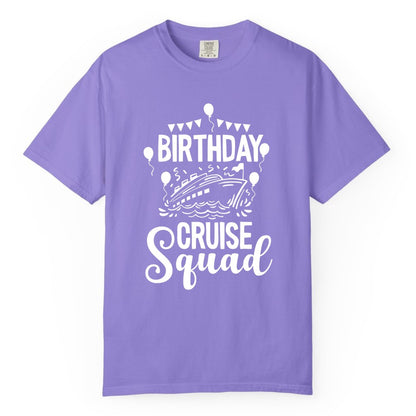 Birthday Cruise Shirt for Groups - Fun Cruise Squad Celebration Tee (Comfort Color) in Violet - Birthday Cruise Squad Shirt - Fun Balloons and Banner Group Design
