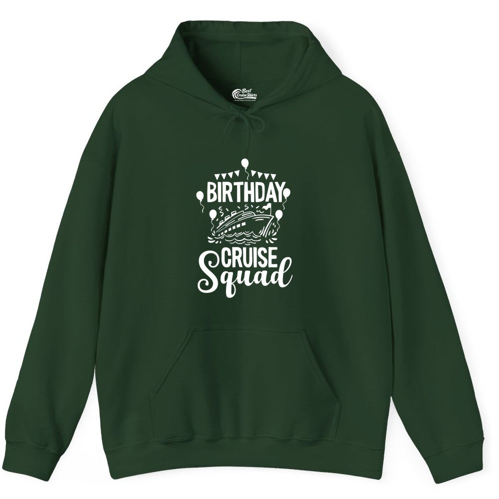 Birthday Cruise Shirt for Groups - Fun Cruise Squad Celebration Tee (Hoodie) in Forest Green - Birthday Cruise Squad Shirt - Fun Balloons and Banner Group Design