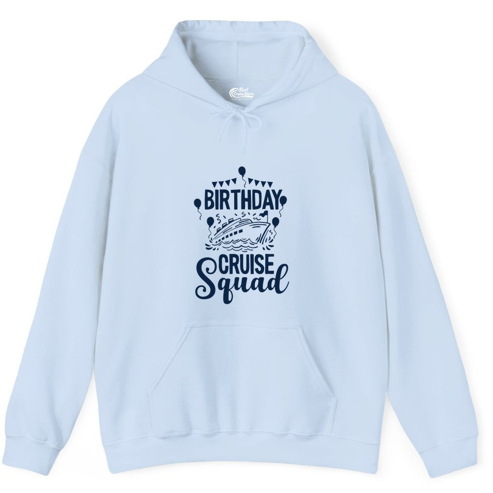 Birthday Cruise Shirt for Groups - Fun Cruise Squad Celebration Tee (Hoodie) in Light Blue - Birthday Cruise Squad Shirt - Fun Balloons and Banner Group Design