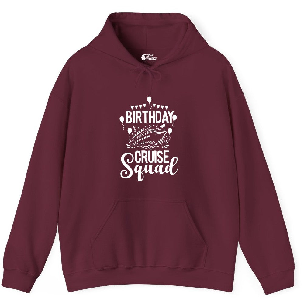 Birthday Cruise Shirt for Groups - Fun Cruise Squad Celebration Tee (Hoodie) in Maroon - Birthday Cruise Squad Shirt - Fun Balloons and Banner Group Design
