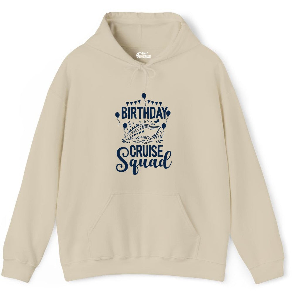 Birthday Cruise Shirt for Groups - Fun Cruise Squad Celebration Tee (Hoodie) in Sand - Birthday Cruise Squad Shirt - Fun Balloons and Banner Group Design