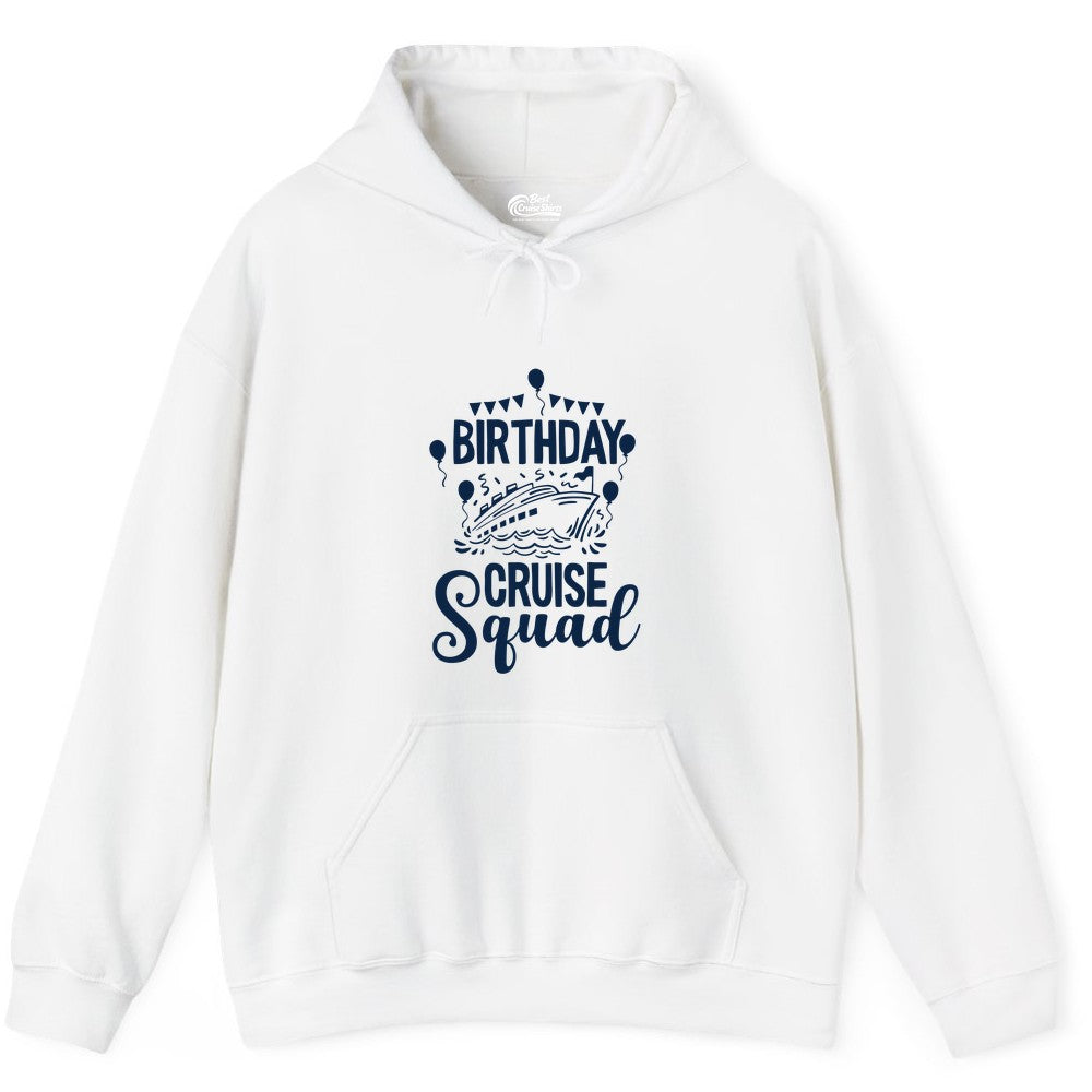 Birthday Cruise Shirt for Groups - Fun Cruise Squad Celebration Tee (Hoodie) in White - Birthday Cruise Squad Shirt - Fun Balloons and Banner Group Design
