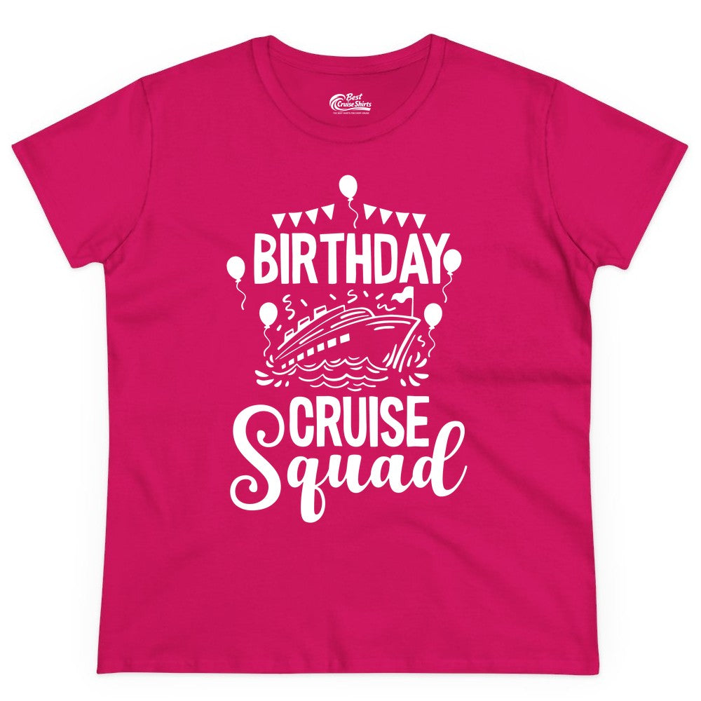 Birthday Cruise Shirt for Groups - Fun Cruise Squad Celebration Tee (Ladies Tee) in Heliconia - Birthday Cruise Squad Shirt - Fun Balloons and Banner Group Design