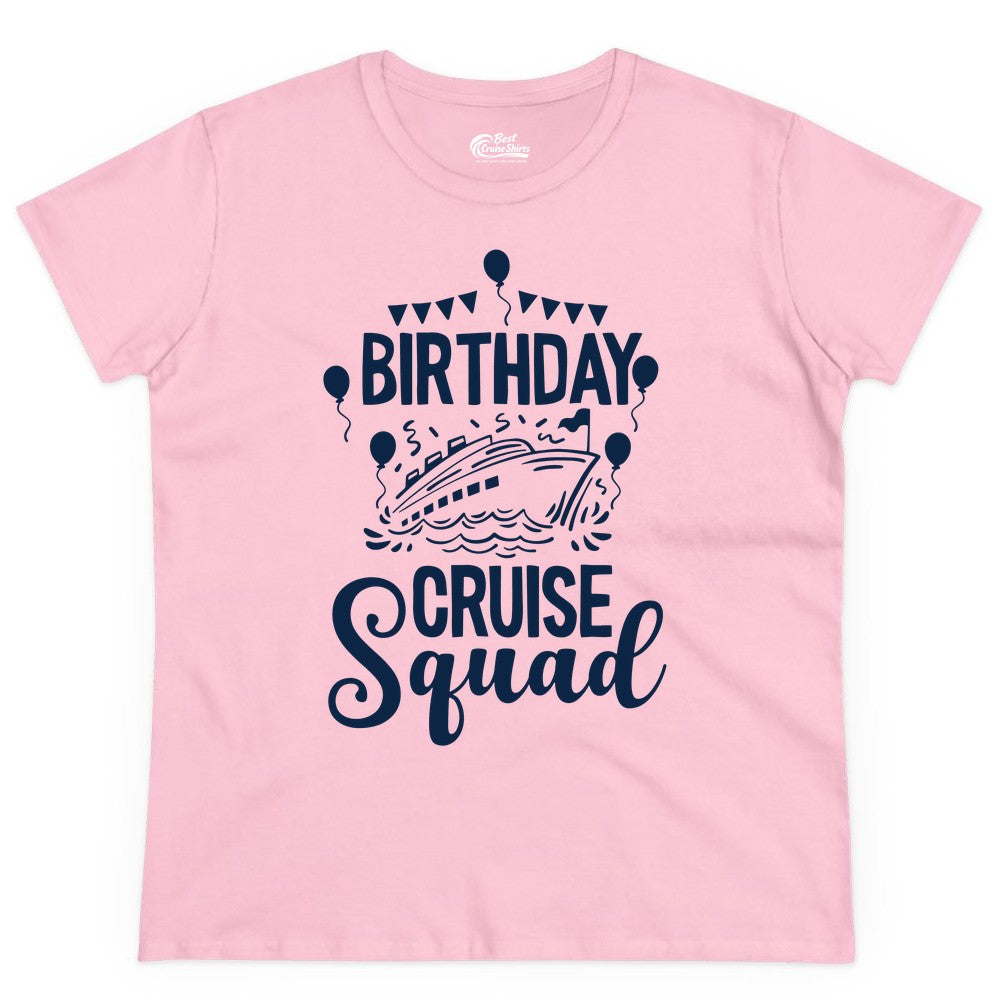 Birthday Cruise Shirt for Groups - Fun Cruise Squad Celebration Tee (Ladies Tee) in Light Pink - Birthday Cruise Squad Shirt - Fun Balloons and Banner Group Design