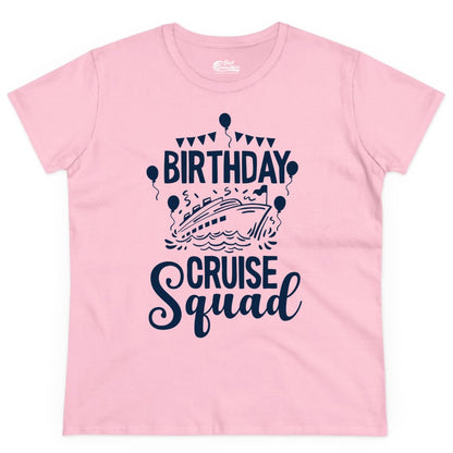Birthday Cruise Shirt for Groups - Fun Cruise Squad Celebration Tee (Ladies Tee) in Light Pink - Birthday Cruise Squad Shirt - Fun Balloons and Banner Group Design