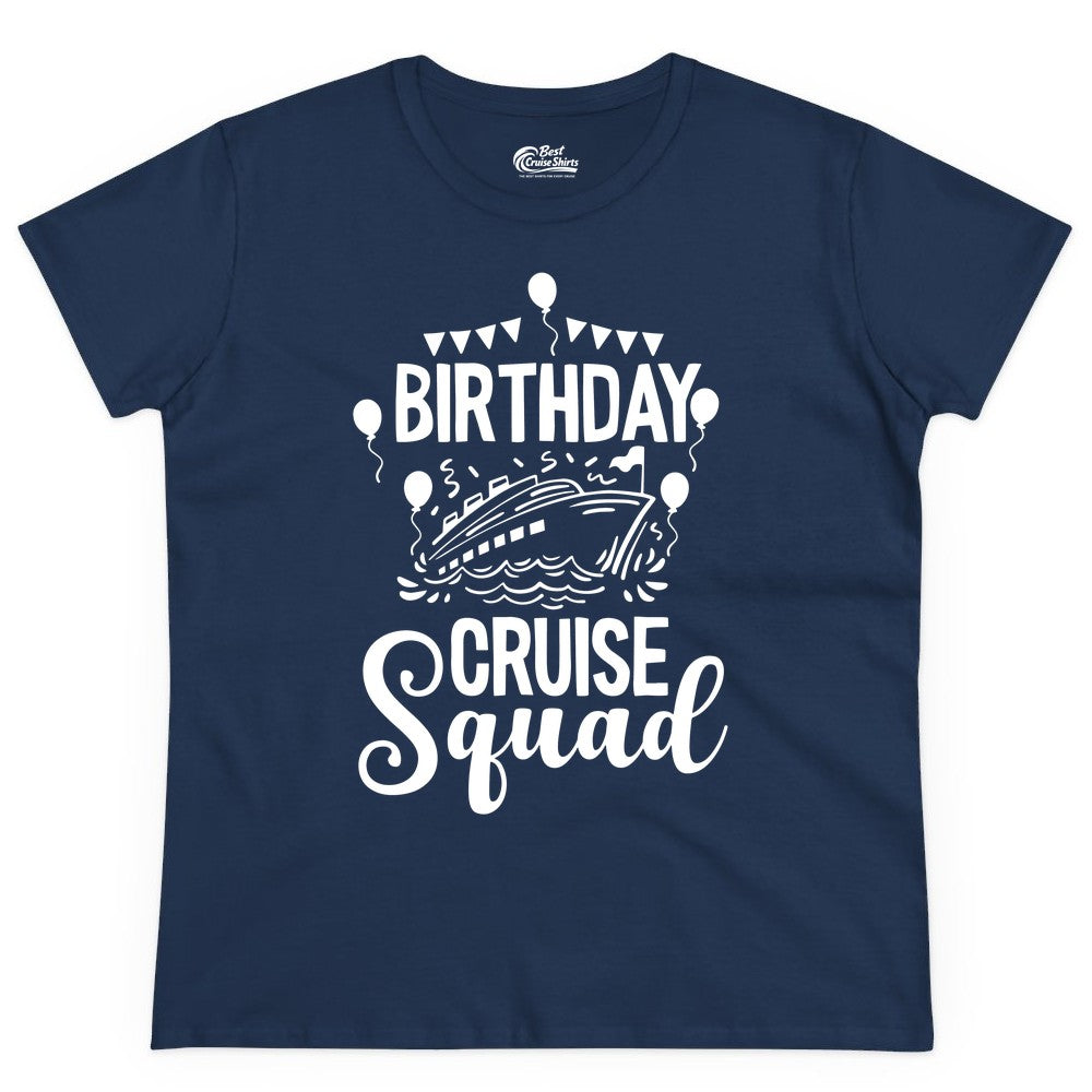 Birthday Cruise Shirt for Groups - Fun Cruise Squad Celebration Tee (Ladies Tee) in Navy - Birthday Cruise Squad Shirt - Fun Balloons and Banner Group Design