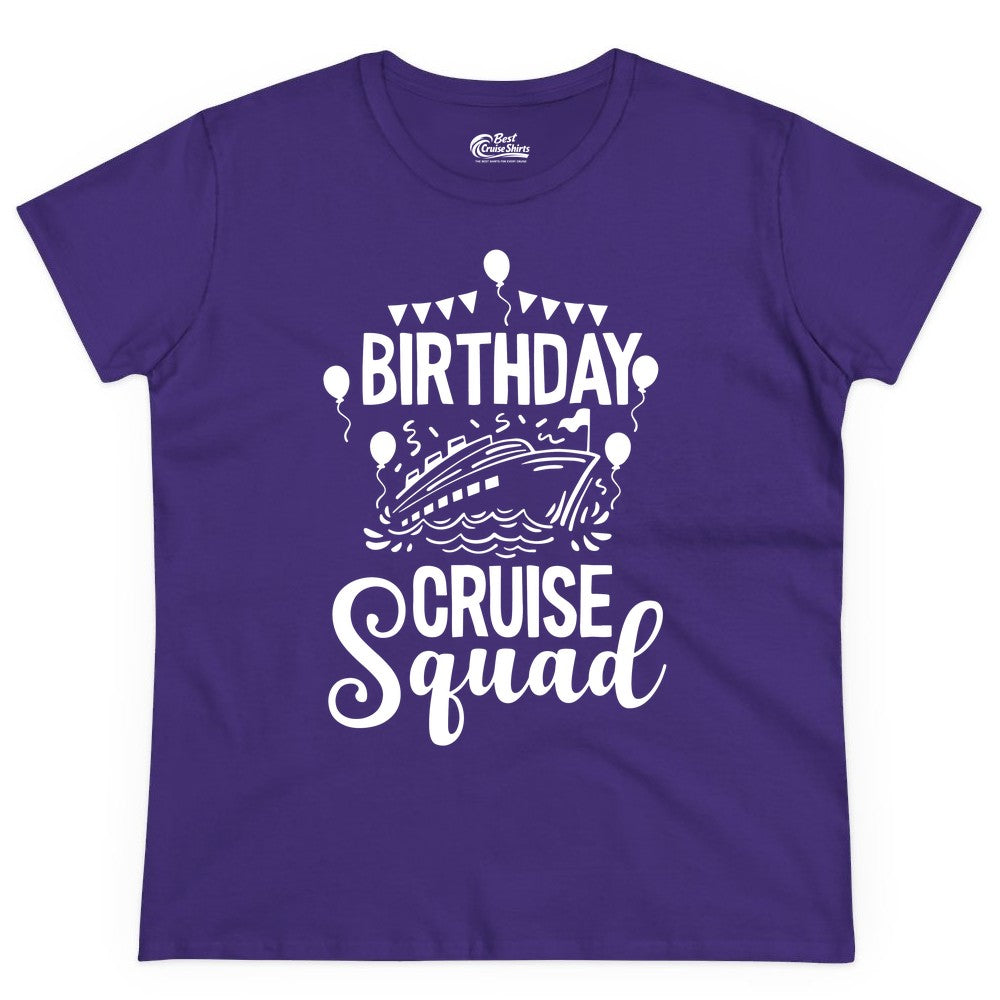 Birthday Cruise Shirt for Groups - Fun Cruise Squad Celebration Tee (Ladies Tee) in Purple - Birthday Cruise Squad Shirt - Fun Balloons and Banner Group Design