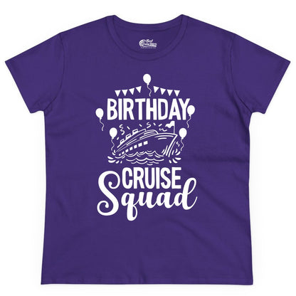 Birthday Cruise Shirt for Groups - Fun Cruise Squad Celebration Tee (Ladies Tee) in Purple - Birthday Cruise Squad Shirt - Fun Balloons and Banner Group Design