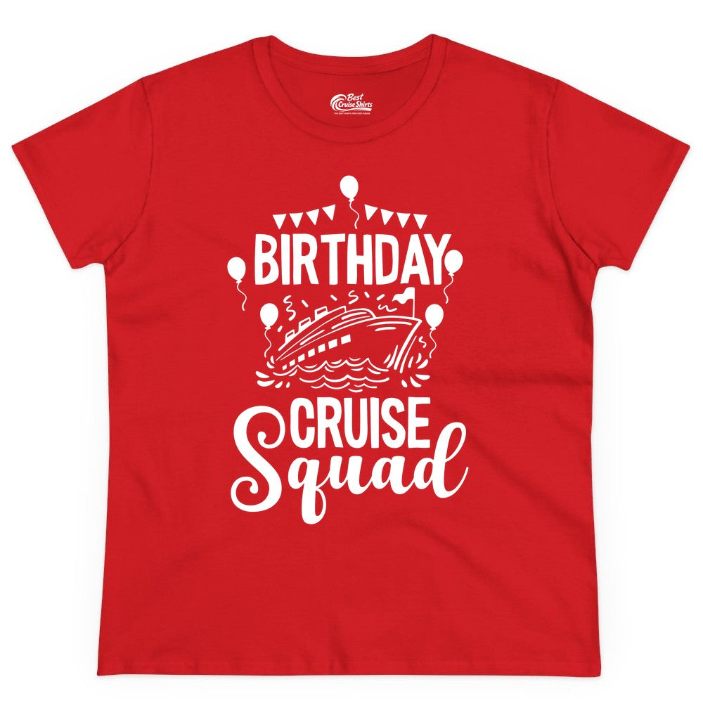 Birthday Cruise Shirt for Groups - Fun Cruise Squad Celebration Tee (Ladies Tee) in Red - Birthday Cruise Squad Shirt - Fun Balloons and Banner Group Design