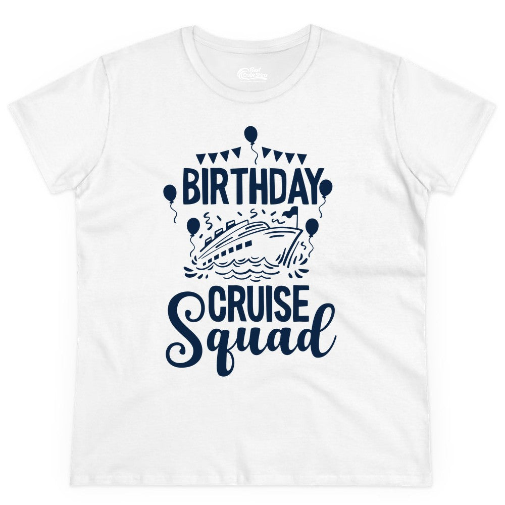 Birthday Cruise Shirt for Groups - Fun Cruise Squad Celebration Tee (Ladies Tee) in White - Birthday Cruise Squad Shirt - Fun Balloons and Banner Group Design