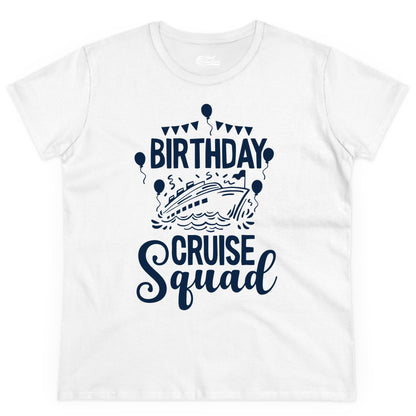 Birthday Cruise Shirt for Groups - Fun Cruise Squad Celebration Tee (Ladies Tee) in White - Birthday Cruise Squad Shirt - Fun Balloons and Banner Group Design