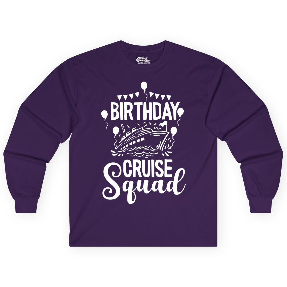 Birthday Cruise Shirt for Groups - Fun Cruise Squad Celebration Tee (Long Sleeve) in Purple - Birthday Cruise Squad Shirt - Fun Balloons and Banner Group Design