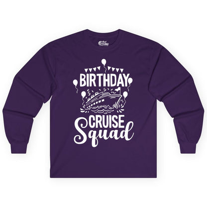 Birthday Cruise Shirt for Groups - Fun Cruise Squad Celebration Tee (Long Sleeve) in Purple - Birthday Cruise Squad Shirt - Fun Balloons and Banner Group Design