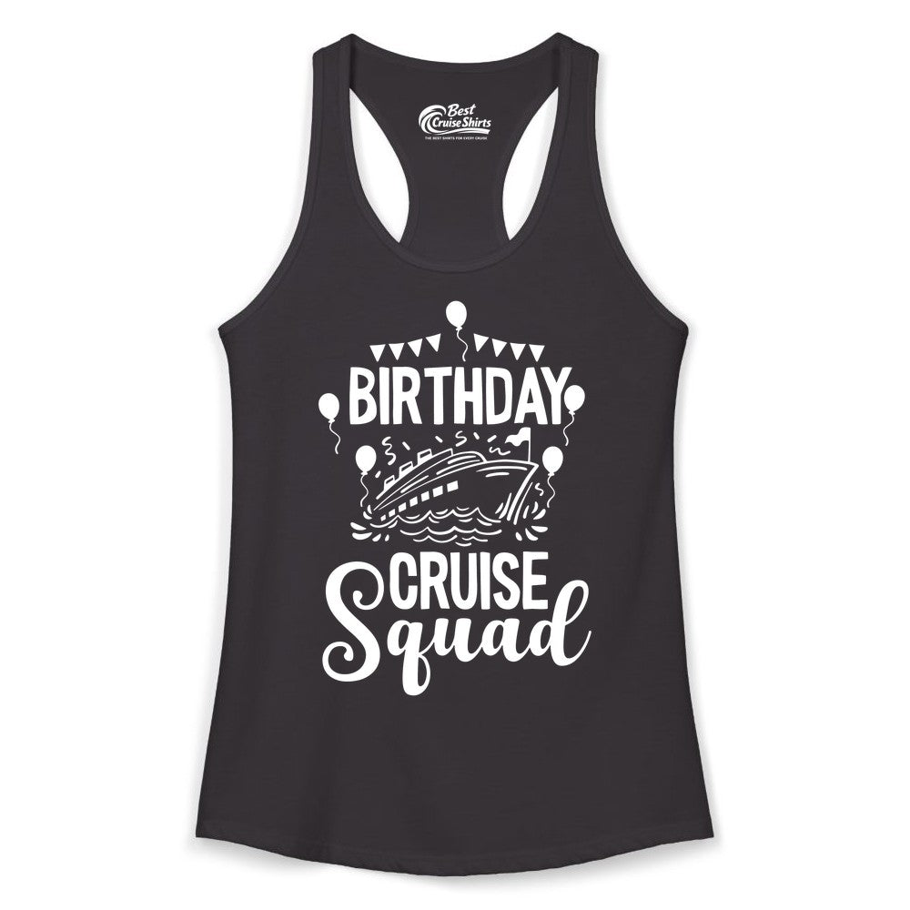 Birthday Cruise Shirt for Groups - Fun Cruise Squad Celebration Tee (Ladies Tank) in Black - Birthday Cruise Squad Shirt - Fun Balloons and Banner Group Design