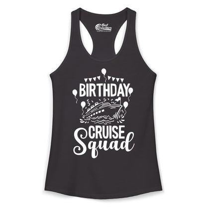 Birthday Cruise Shirt for Groups - Fun Cruise Squad Celebration Tee (Ladies Tank) in Black - Birthday Cruise Squad Shirt - Fun Balloons and Banner Group Design